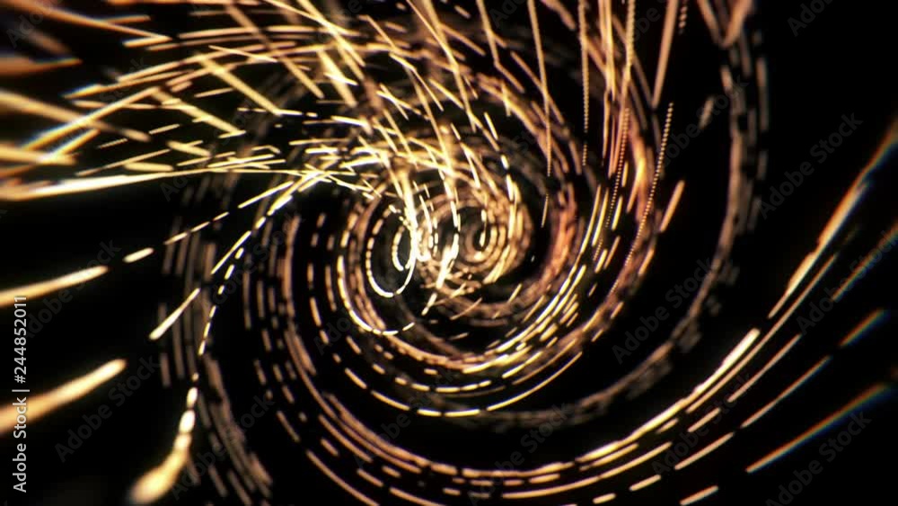 Poster abstract sci fi tunnel. gold bokeh lights. glowing corridor the camera moves forward towards. dynami