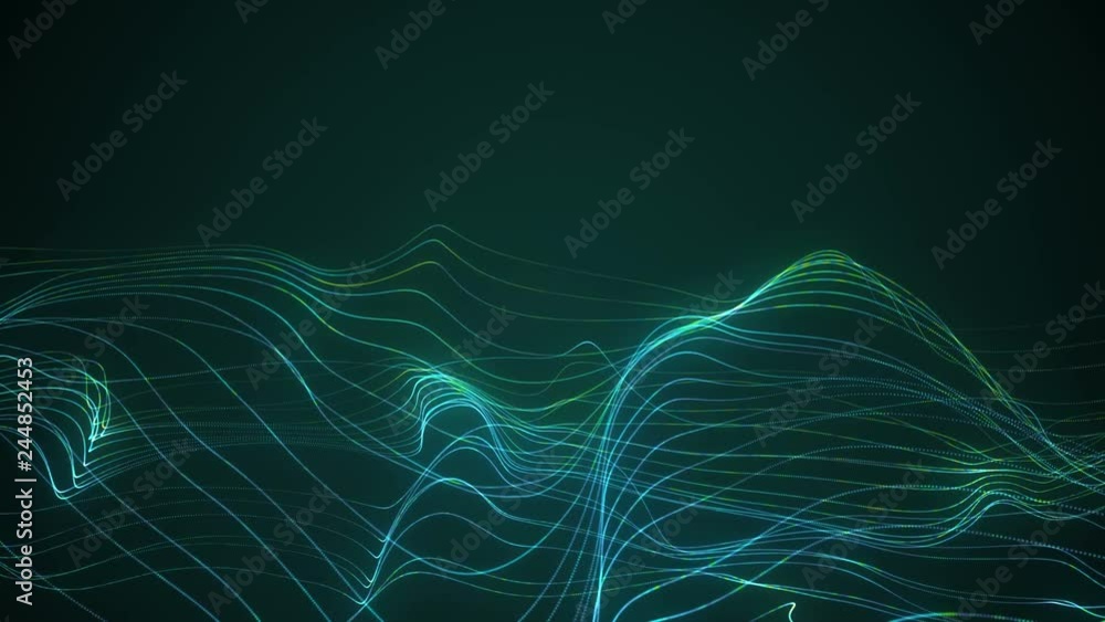 Aufkleber 4k 60 fps. abstract loopable green motion waving dots texture with glowing defocused particles. cybe