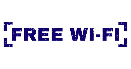 FREE WI-FI label seal print with corroded style. Text label is placed inside corners. Blue vector rubber print of FREE WI-FI with retro texture.