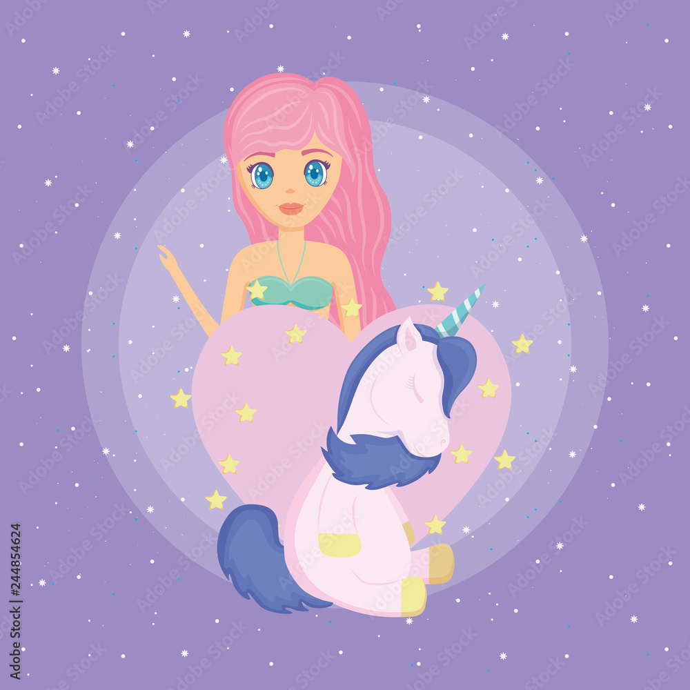 Sticker cute unicorn and mermaid design