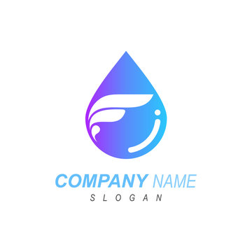 water drop + letter f logo, oil icon, blue water letter f logo