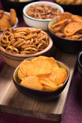 Salty snacks served in bowls