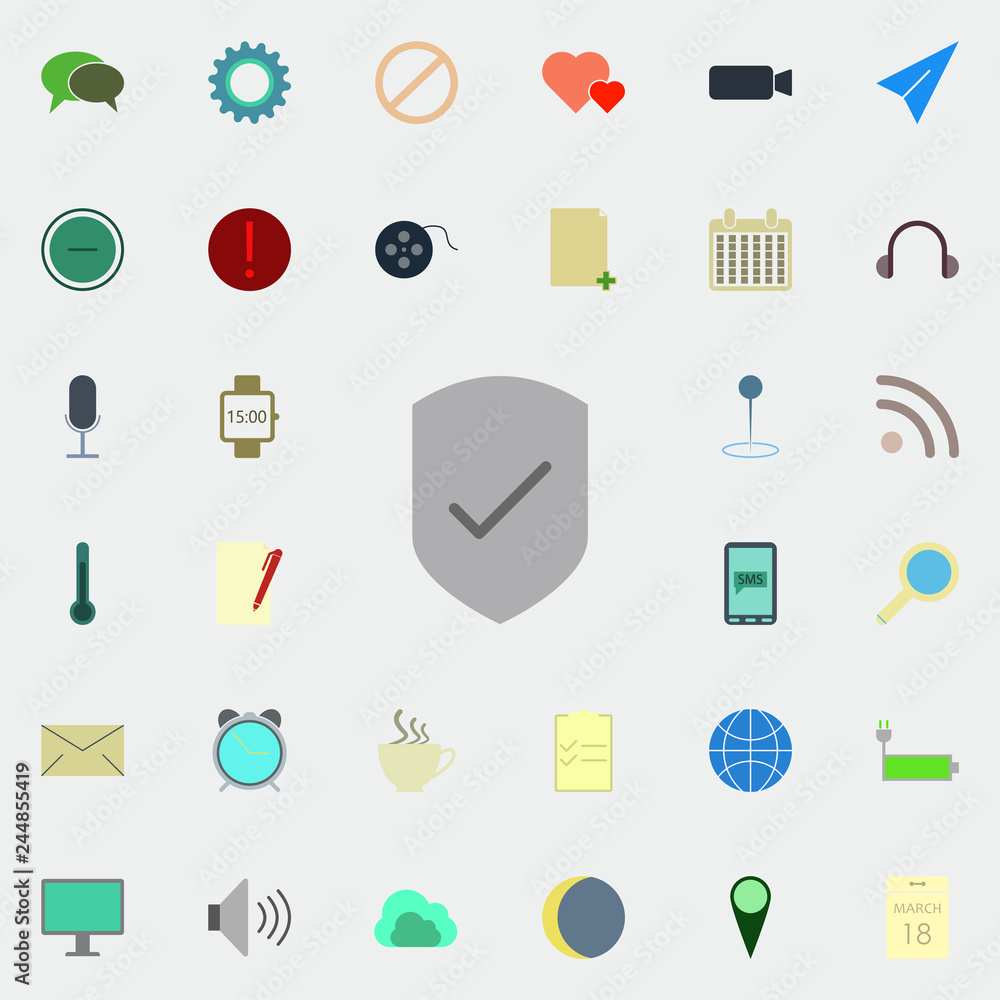 Aufkleber shield with a tick icon. color web icons universal set for web and mobile