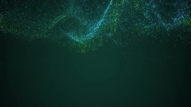 Big data wave of particles. Futuristic green neon glowing surface. Abstract motion background