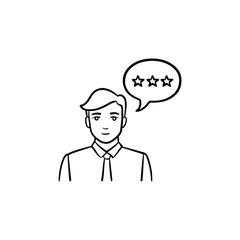 User with speech bubble hand drawn outline doodle icon. Communication, customer, businessman talking concept. Vector sketch illustration for print, web, mobile and infographics on white background.