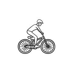 Obraz na płótnie Canvas Mountain biker hand drawn outline doodle icon. Cycling competition, summer sport, cross country racing concept. Vector sketch illustration for print, web, mobile and infographics on white background.