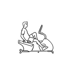 Man training on exercise bike hand drawn outline doodle icon. Fitness and health, gym workout exercises concept. Vector sketch illustration for print, web, mobile and infographics on white background.