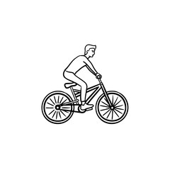 Man riding bike hand drawn outline doodle icon. Cycling racing, outdoor sport, training transport concept. Vector sketch illustration for print, web, mobile and infographics on white background.