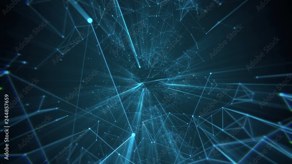 Poster 4k. animation of low poly chain connection lines with triangles. glowing blue structure. technology 