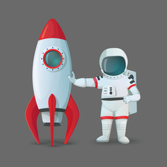 Astronaut standing near the rocketship and touching it isolated on a gray background.