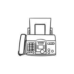 Fax machine with a sheet of paper hand drawn outline doodle icon. Business communication technology concept. Vector sketch illustration for print, web, mobile and infographics on white background.