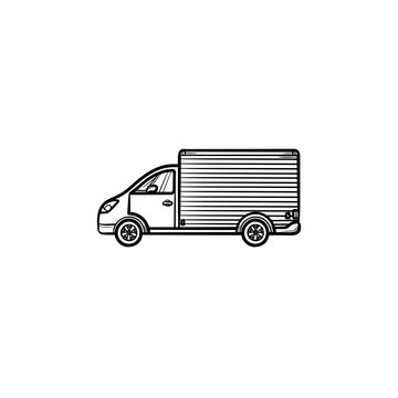Delivery van hand drawn outline doodle icon. Goods shipping transport and fast delivery, logistic concept. Vector sketch illustration for print, web, mobile and infographics on white background.