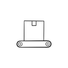 Conveyor belt with box hand drawn outline doodle icon. Machine packaging, automated production line concept. Vector sketch illustration for print, web, mobile and infographics on white background.