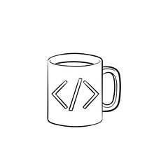 Coffee cup with code sign hand drawn outline doodle icon. Hot drink and beverage, computer code concept. Vector sketch illustration for print, web, mobile and infographics on white background.