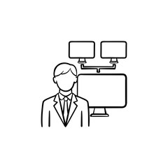 Businessman with computer network hand drawn outline doodle icon. Conferencing and business meeting concept. Vector sketch illustration for print, web, mobile and infographics on white background.
