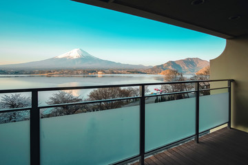 Beautiful Mt.Fuji view at balcony of Traditional ryokan resort at Kawaguchiko lake, Yamanashi, Japan