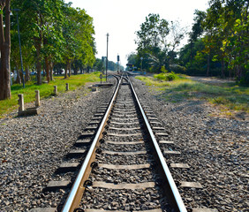 Obraz premium Old railroad tracks, Steel railway for trains in a rural scene