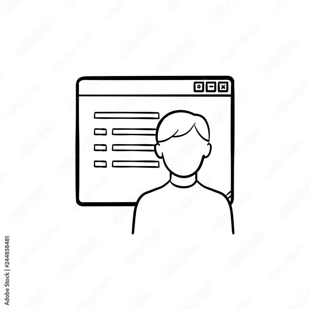 Poster browser window with social network webpage hand drawn outline doodle icon. chat and internet message