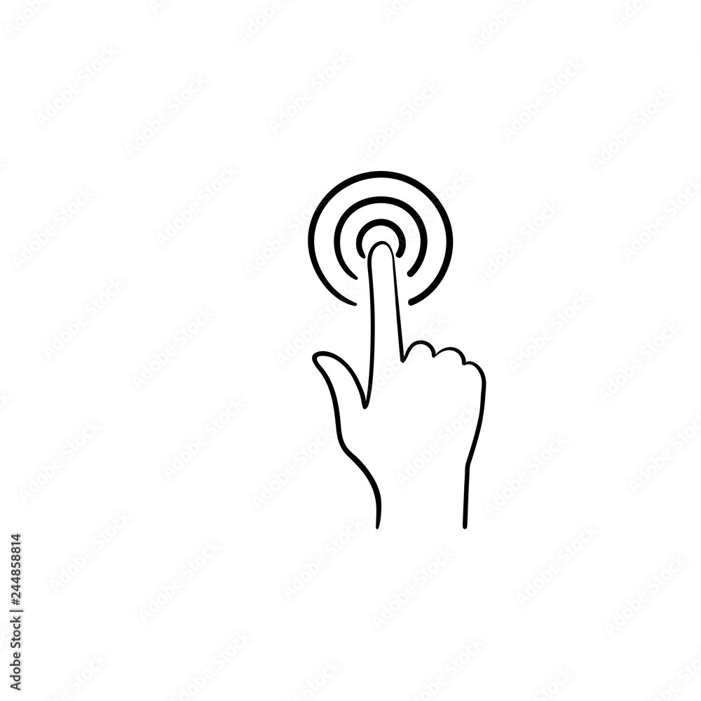 Poster hand with point finger touch button hand drawn outline doodle icon. touch screen, hand cursor and cl