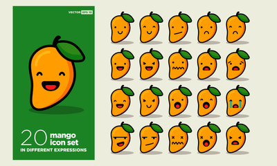 Fototapeta premium Set of Cute Mango Emoji Line Icons In Different Expressions