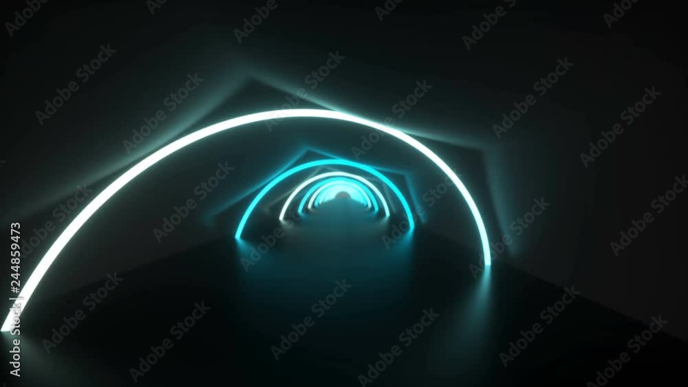 Poster animation of technology tunnel. futuristic corridor with reflection. neon light curve line.