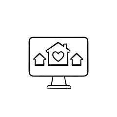 Computer monitor with houses and house with heart hand drawn outline doodle icon. Real estate website concept. Vector sketch illustration for print, web, mobile and infographics on white background.