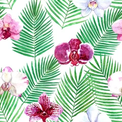 Papier Peint photo Orchidee Aquarelle transparente motif tropical avec des feuilles d& 39 orchidée et de palmier