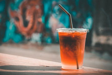 close up Iced americano with blur interior cafe background