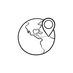 Globe with pointer mark hand drawn outline doodle icon. World map and location, navigation and gps concept. Vector sketch illustration for print, web, mobile and infographics on white background.
