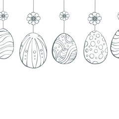 Happy Easter seamless pattern. Happy Easter with Easter eggs and flowers for greeting card, invitation template. Vector hand sketched set isolated on white background.