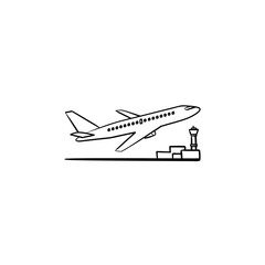 Airplane taking off hand drawn outline doodle icon. Airport transport, flying plane and runway concept. Vector sketch illustration for print, web, mobile and infographics on white background.