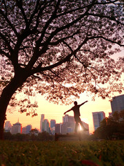 Silhouette of people traveling inside Lumphini Park in Bangkok, during sunset colourful tone relaxation.