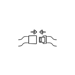 Seat belt and arrows hand drawn outline doodle icon. Fasten safety belt, wear and lock seatbelt concept. Vector sketch illustration for print, web, mobile and infographics on white background.