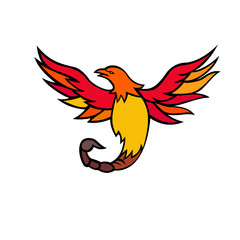Mascot icon illustration of a phoenix with a scorpion tail and venomous stinger flying and rising up viewed from front  on isolated background in retro style.