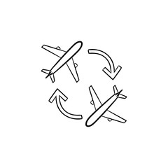 Round trip planes and arrows hand drawn outline doodle icon. Plane trip, travel and airlines, tourism concept. Vector sketch illustration for print, web, mobile and infographics on white background.