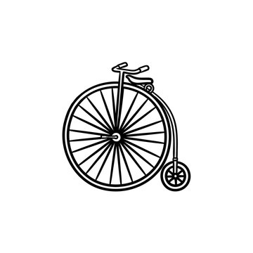 Old high wheel hand drawn outline doodle icon. Retro transport, vintage bicycle and recreation concept. Vector sketch illustration for print, web, mobile and infographics on white background.