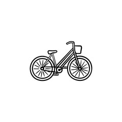 Woman bike with basket hand drawn outline doodle icon. Retro bicycle, ladies cycling and shopping concept. Vector sketch illustration for print, web, mobile and infographics on white background.