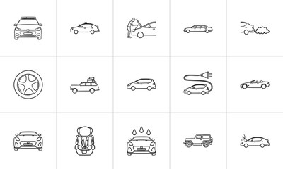 Car hand drawn outline doodle icon set. Outline doodle icon set for print, web, mobile and infographics. Electric and police car, repair vector sketch illustration set isolated on white background.