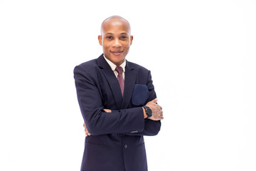 Attractive happy African American smiling professional businessman executive isolated over white background