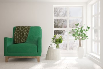 White stylish minimalist room with armchair and winter landscape in window. Scandinavian interior design. 3D illustration