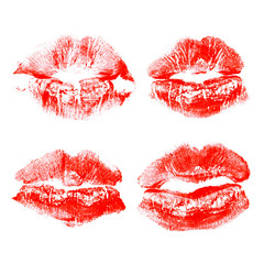 Set imprint kiss red lips isolated on white background