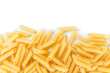 dry pasta penne Italian food white background.