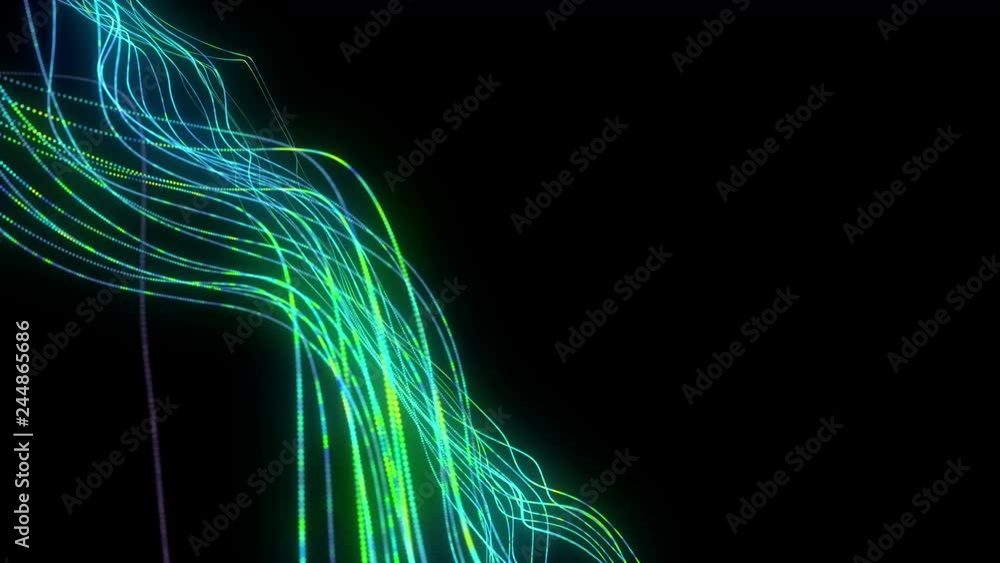 Poster big data wave of particles. futuristic green neon glowing surface. abstract motion background