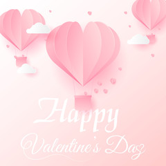 Happy Valentine's Day greeting card with flying paper cut pink hearts. Vector