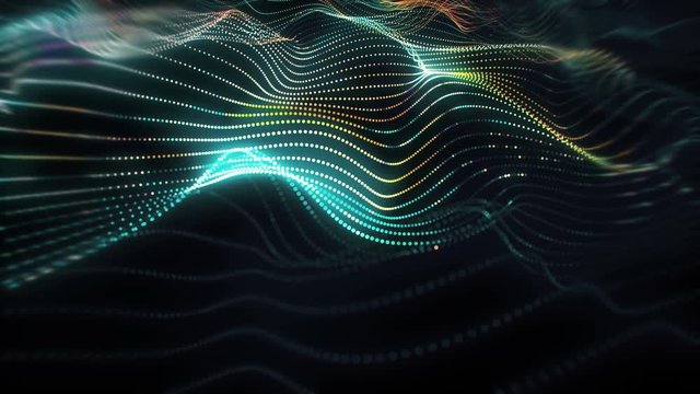 Big data wave of particles. Futuristic green neon glowing surface. Abstract motion background