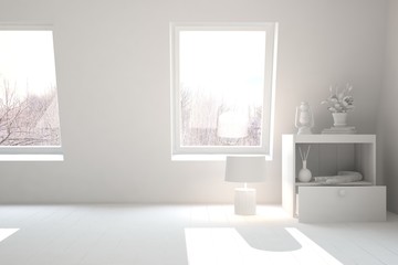Naklejka na ściany i meble White minimalist empty room. Scandinavian interior design. 3D illustration