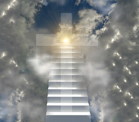 christian cross and ladder to heaven sun sunsnsine beams