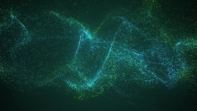 Big data wave of particles. Futuristic green neon glowing surface. Abstract motion background