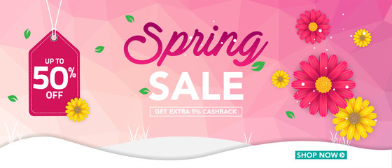 Spring sale banner template with beautiful colorful flower on pink background, for shopping sale. banner design. Poster, card, web banner. Vector illustration