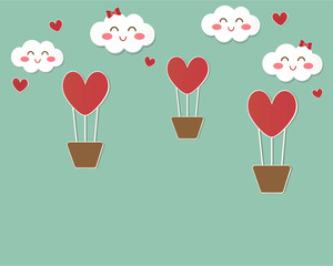Fototapeta na wymiar Red heart balloon and little heart float in the air near cute smile face cloud look so sweet on pastel blue sky background. Paper cut art vector in love theme for Valentine day card or wallpaper.